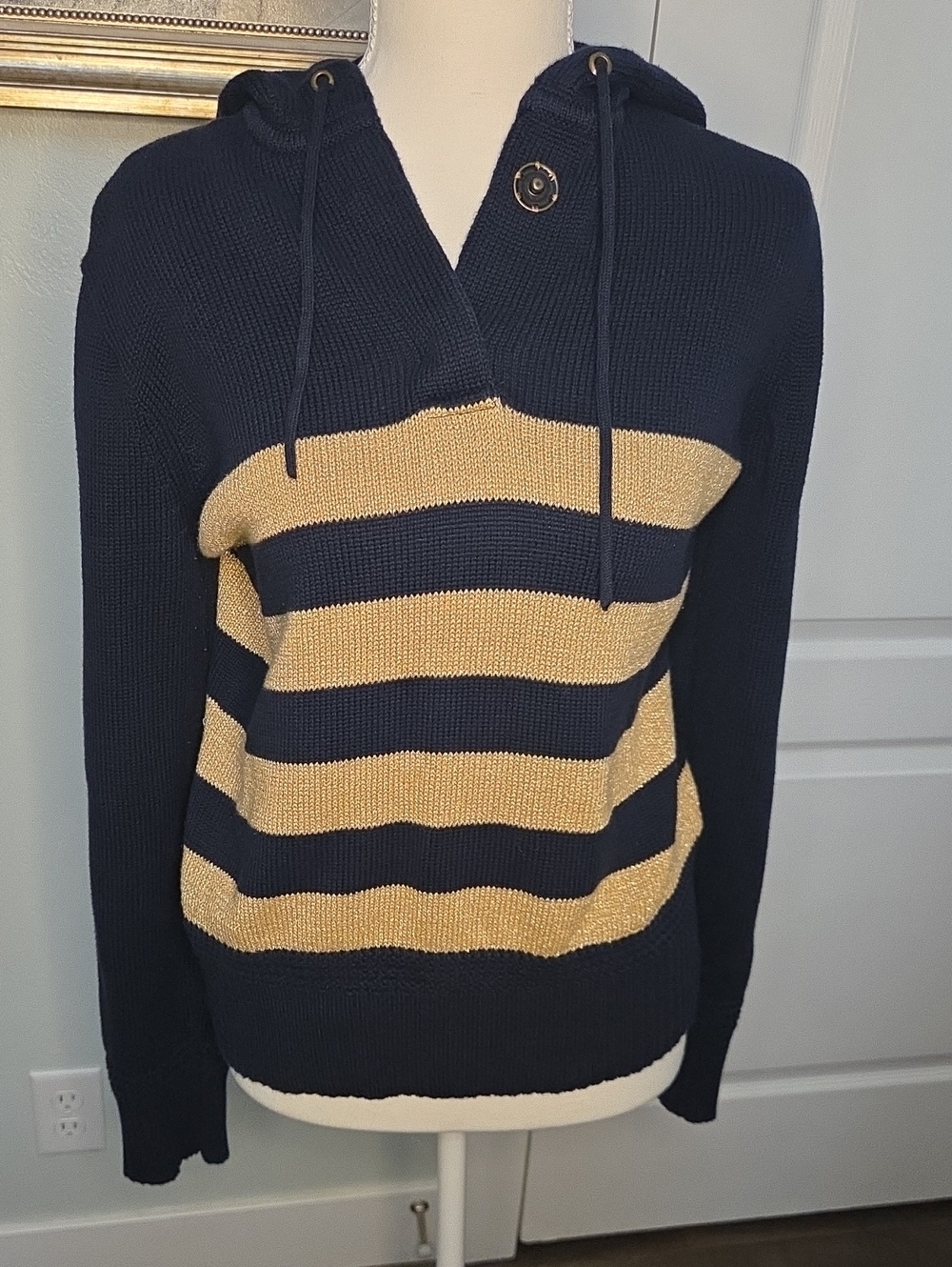 Ralph Lauren Navy and Metallic Gold Striped Hooded Pullover Sweater